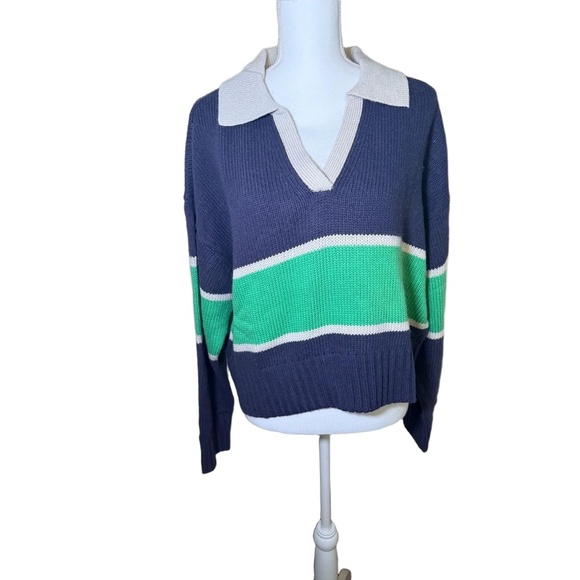 New Spiritual Gangster Womens XL Navy Green Stripe Cropped V-Neck Sweater - Picture 2 of 6